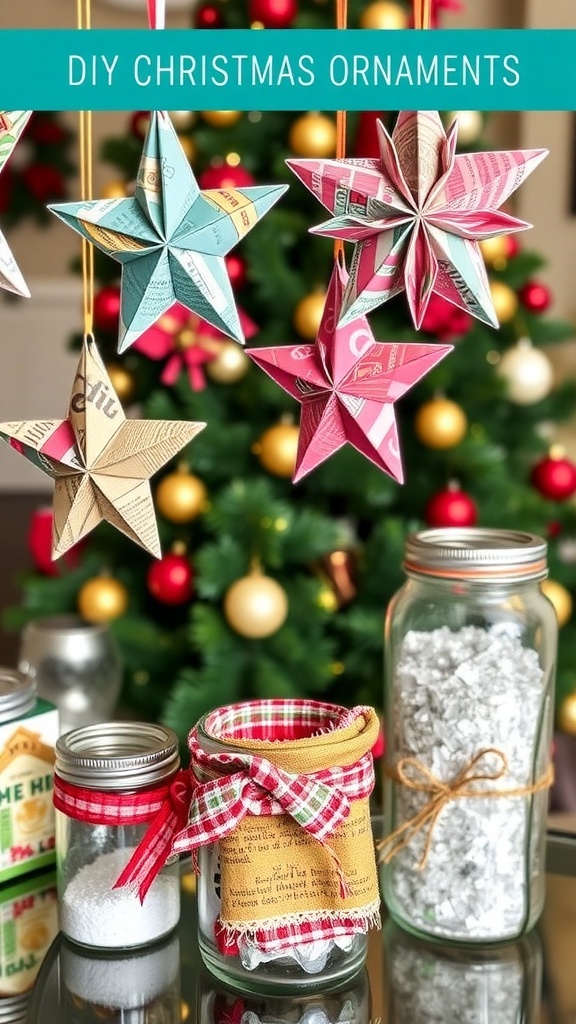 Colorful DIY Christmas ornaments made from recycled materials displayed with a decorated tree.